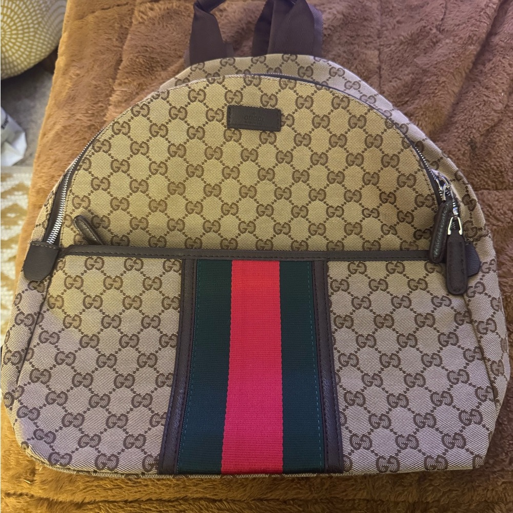 Designer inspird Beige and Brown large Backpack with Red and Green Stripe new